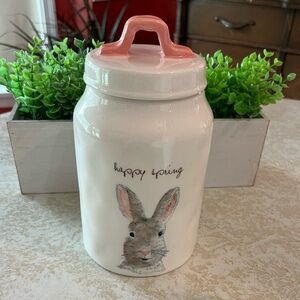 Rae Dunn 8.5” HAPPY SPRING Canister Magenta Pink Handle Bunny Rabbit 2017